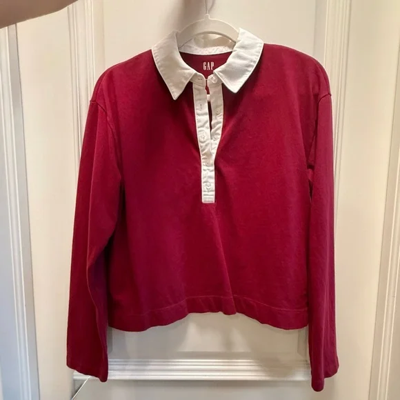 GAP Burgundy Cropped Rugby Polo Shirt White Collar Preppy Fall Top Small - Picture 5 of 9